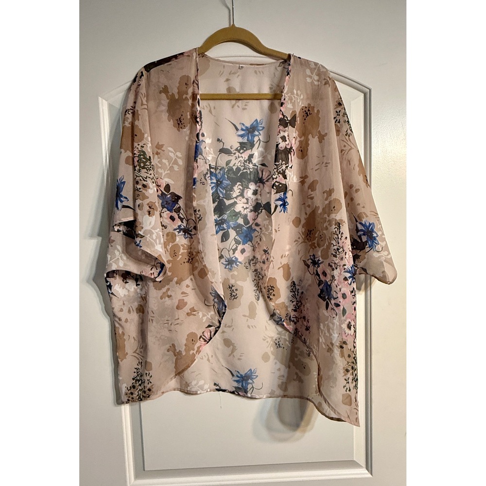 Floral Kimono Cardigan Women XL Pink Tan Blue Sheer Cottagecore Festival Boho